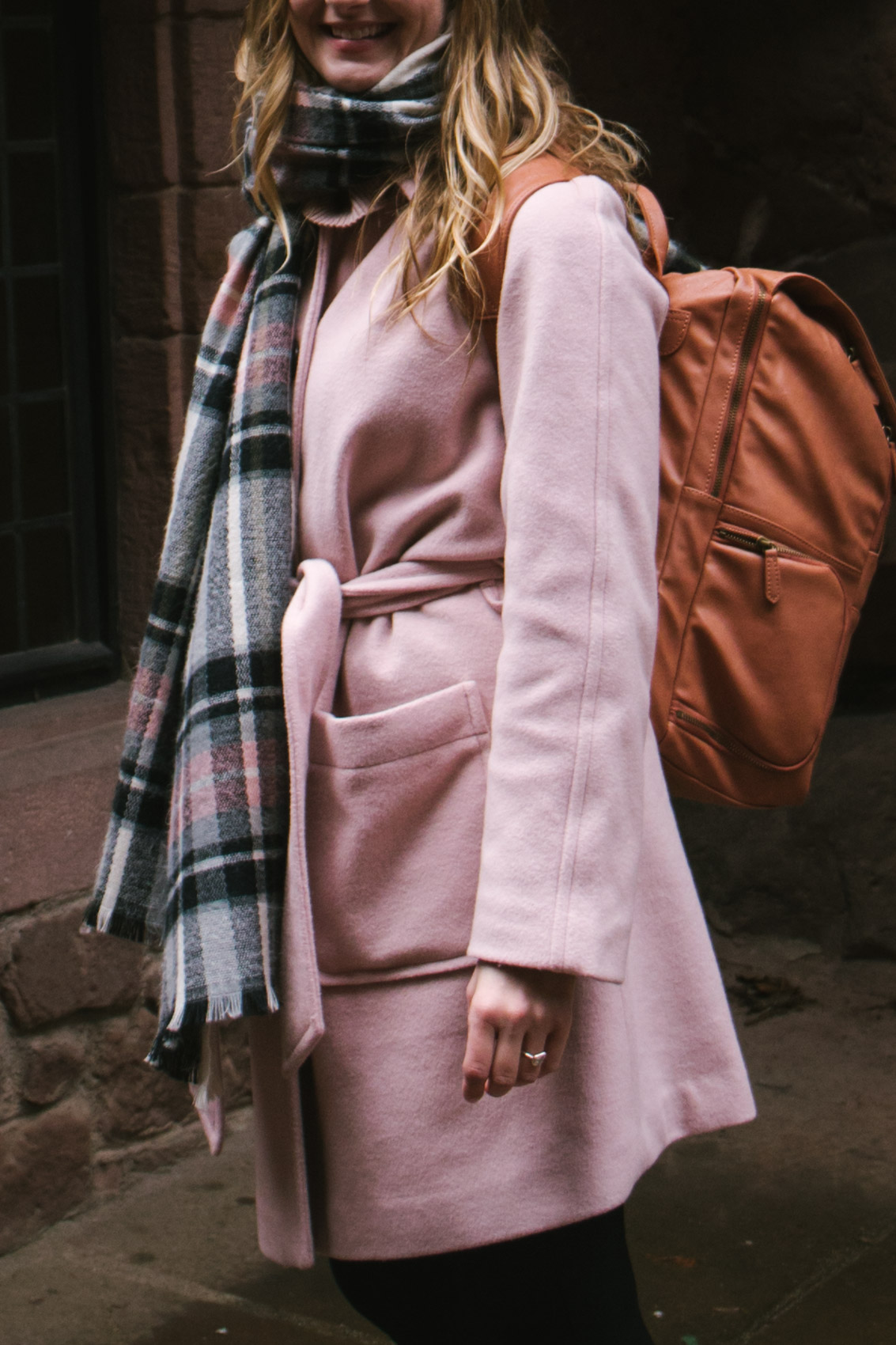 Styling a blush pink coat in the winter.