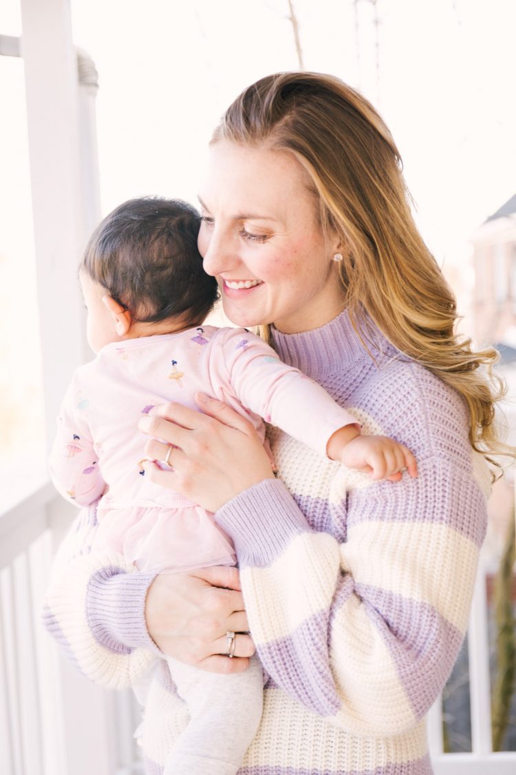 purple and white striped blossom sleeve sweater styled in a casual spring outfit (click for similar styles!)