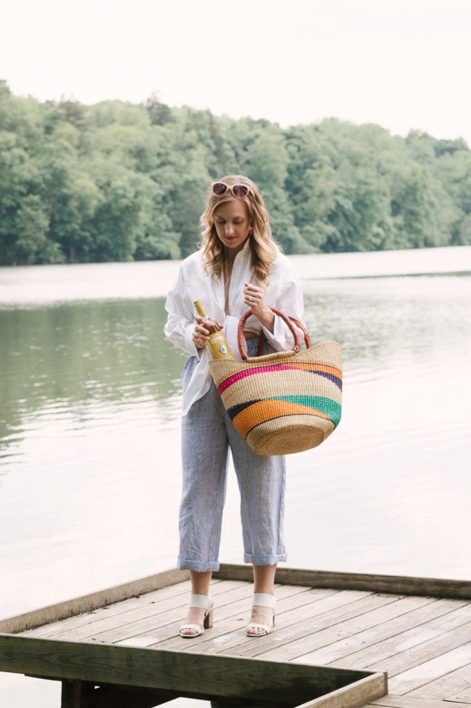 blue and white striped linen pants