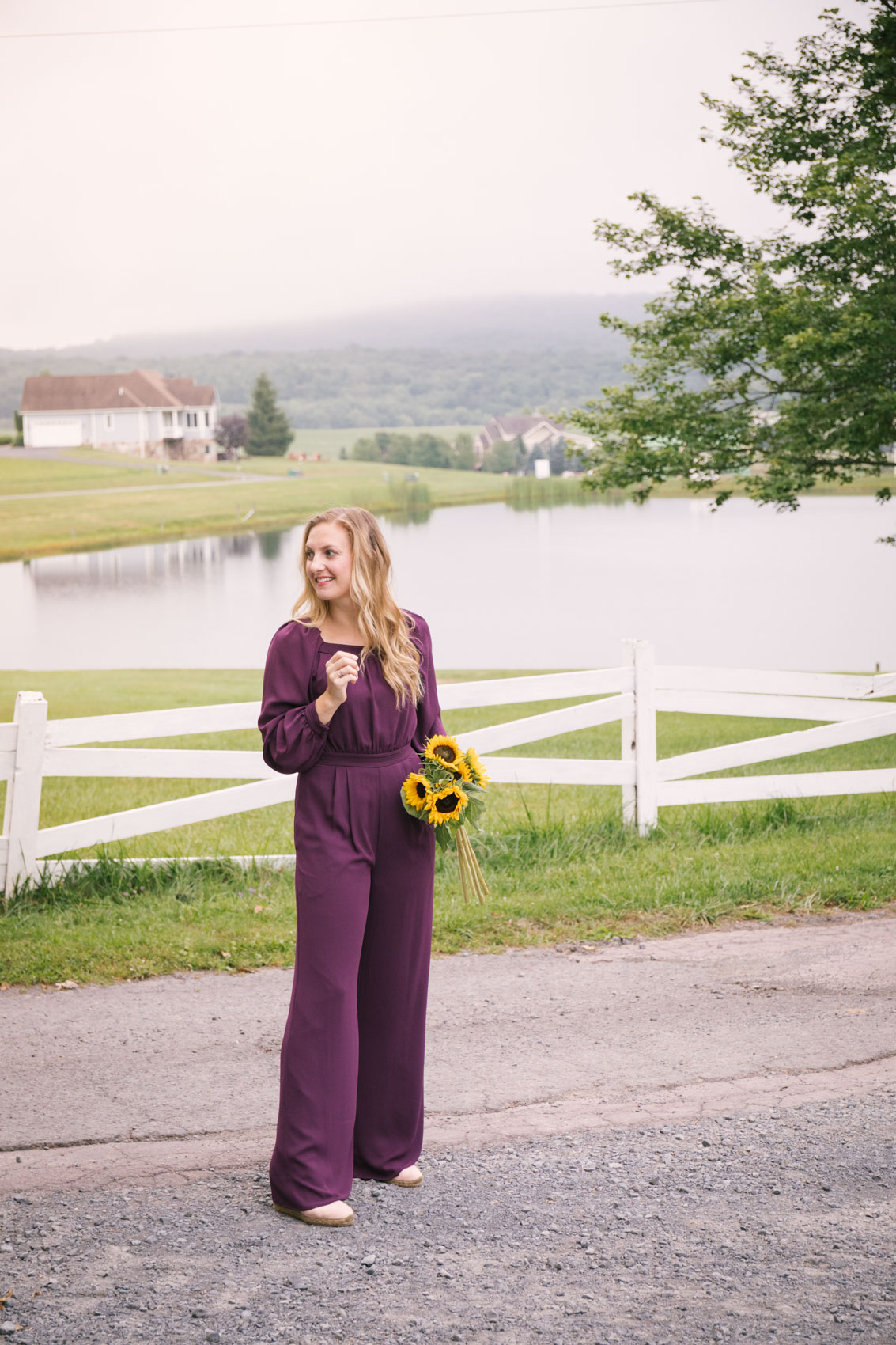 Wearing a purple Gal Meets Glam Collection fall jumpsuit to explore the Red Barn Inn at Deep Creek Lake, Maryland