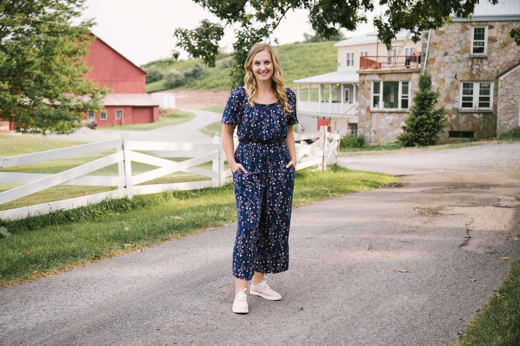 Wearing a Gal Meets Glam Collection jumpsuit at the Red Barn Inn | Where to stay at Deep Creek Lake, Maryland | Red Barn Wedding Venue 