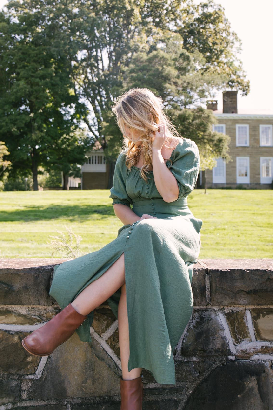 maxi dress outfit for fall styled with low heel brown ankle boots | Allyn Lewis