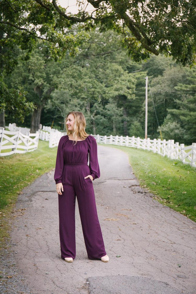 Early fall outfit: plum purple jumpsuit from Gal Meets Glam Collection with Castaner espadrille wedges