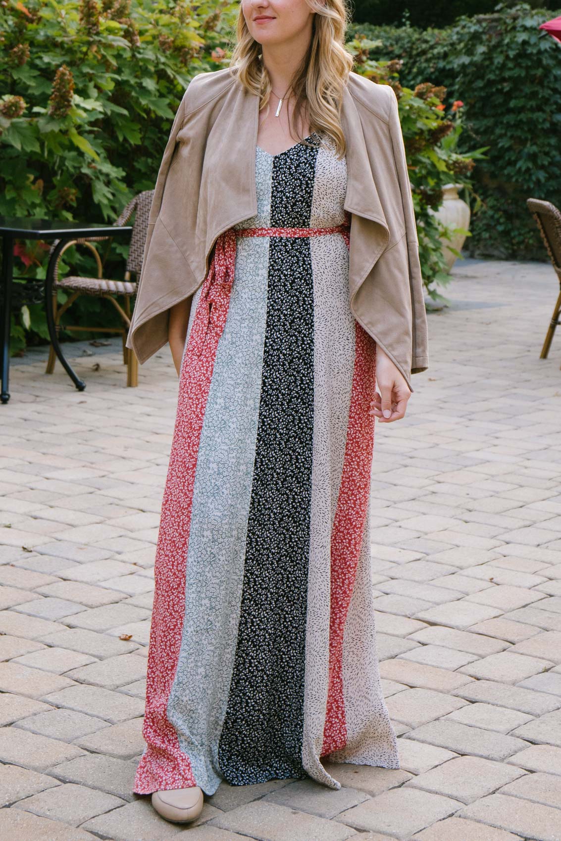 Allyn Lewis styles the BB Dakota Wade Faux Suede Jacket as a lightweight fall layer over a colorblock maxi dress. 