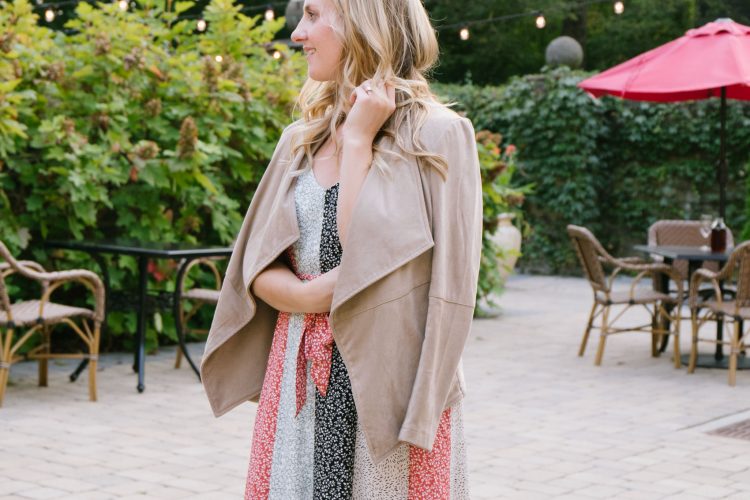 Allyn Lewis styles and reviews the BB Dakota Wade Faux Suede Jacket as a lightweight fall layer over a colorblock maxi dress.