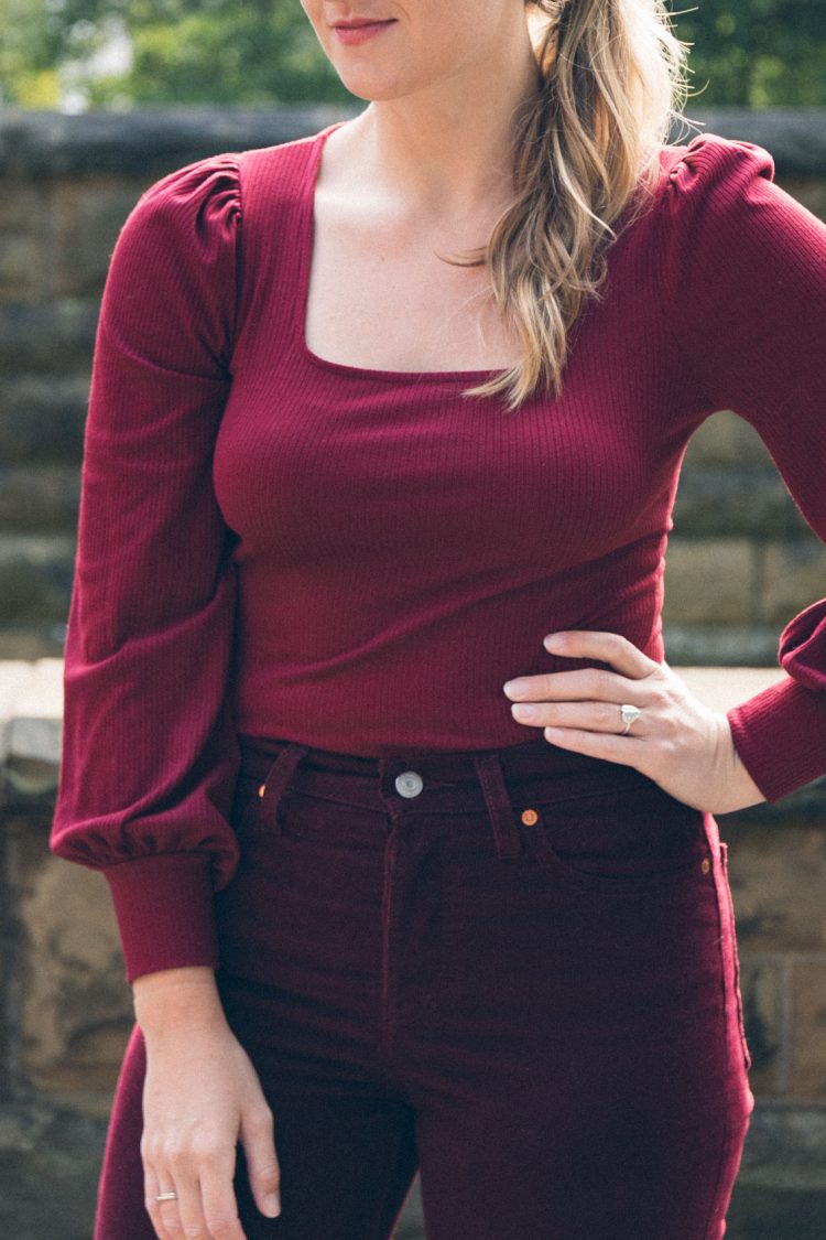 ballon sleeve top outfit with burgundy pants (corduroy straight leg Levi's) and Madewell loafers