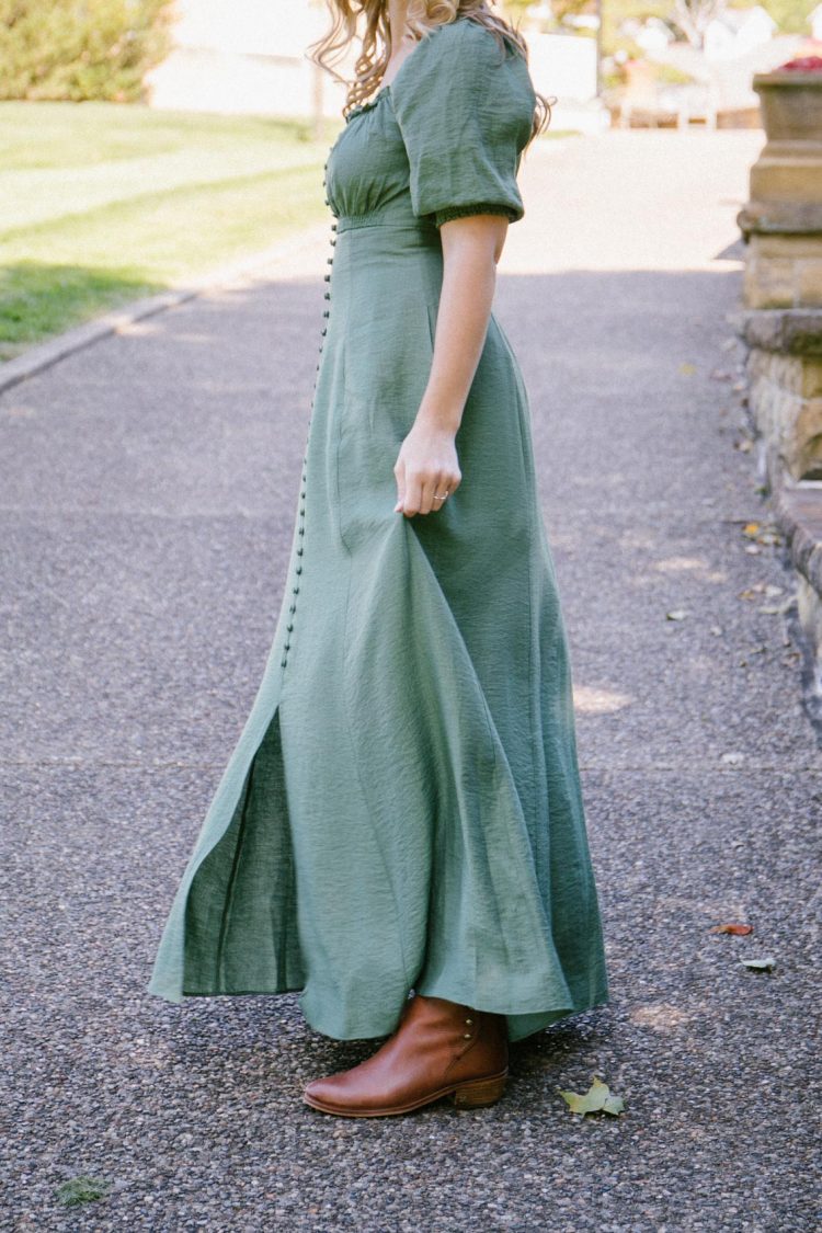 green button front puff sleeve dress with square neck styled with ankle boots