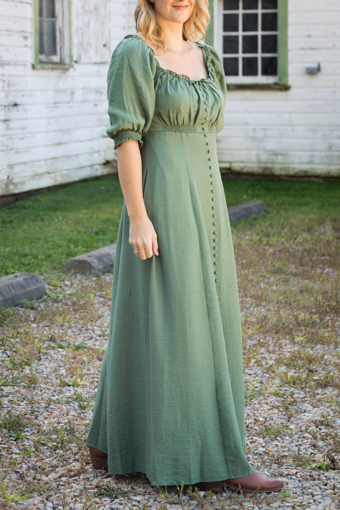 Romantic green puff sleeve dress styled with ankle boots for an easy fall outfit