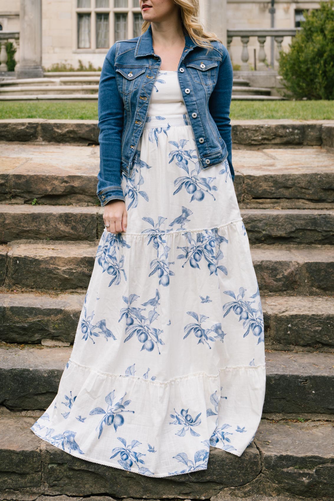 Classic white Dress: Agua Bendita maxi dress from Anthropologie layered with a classic denim jacket from Pilcro and the Letterpress