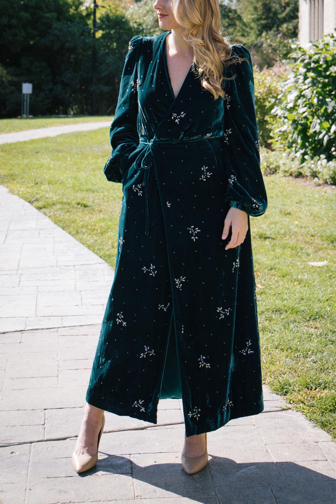 Green velvet dress outfit styled by Allyn Lewis for holiday outfit inspiration #winter2020