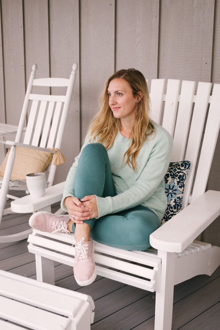 current favorite loungewear look: super soft women's joggers with a cozy sweater and sneakers.