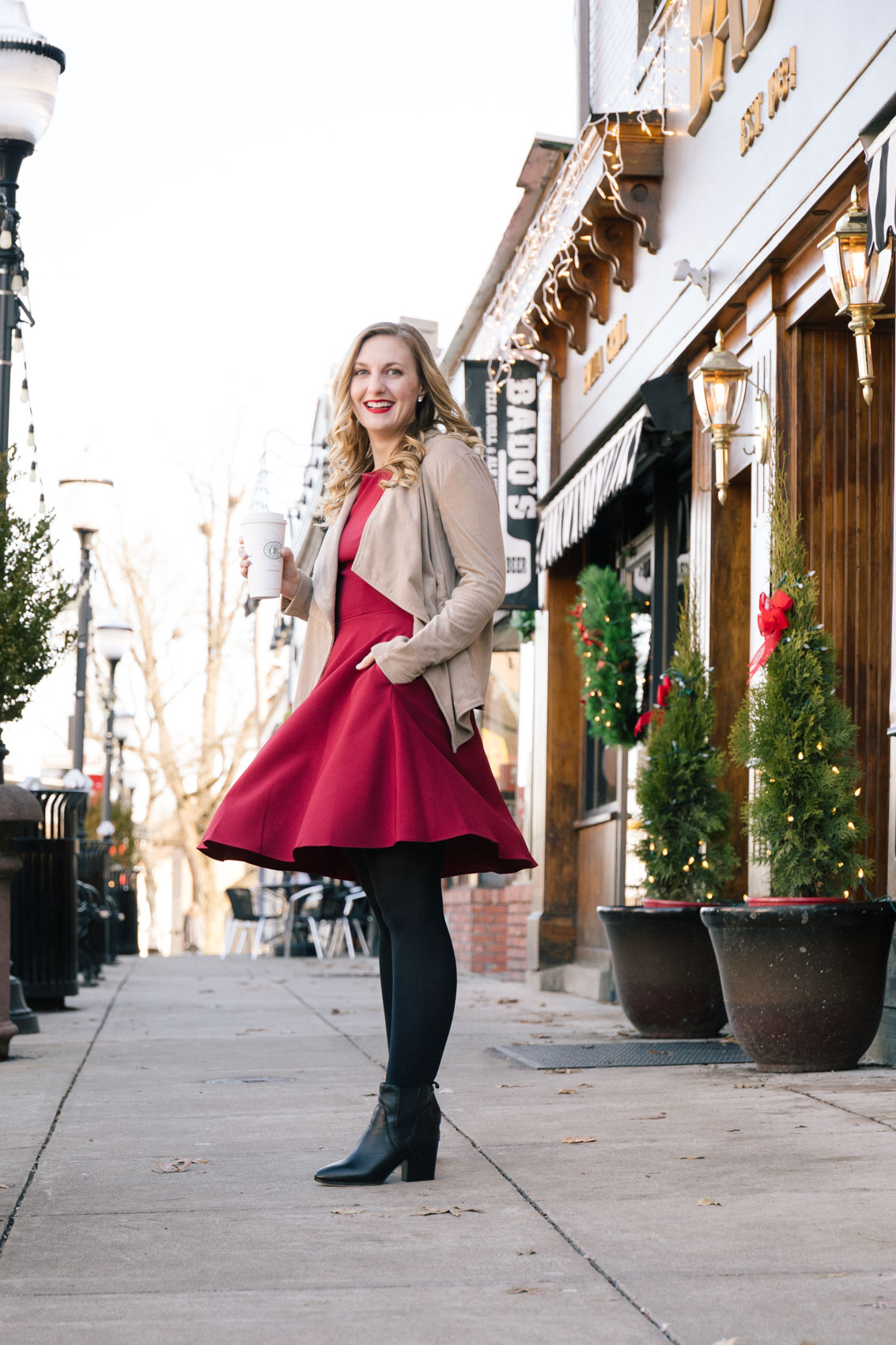 Red Dress with Black Tights Outfit - Allyn Lewis