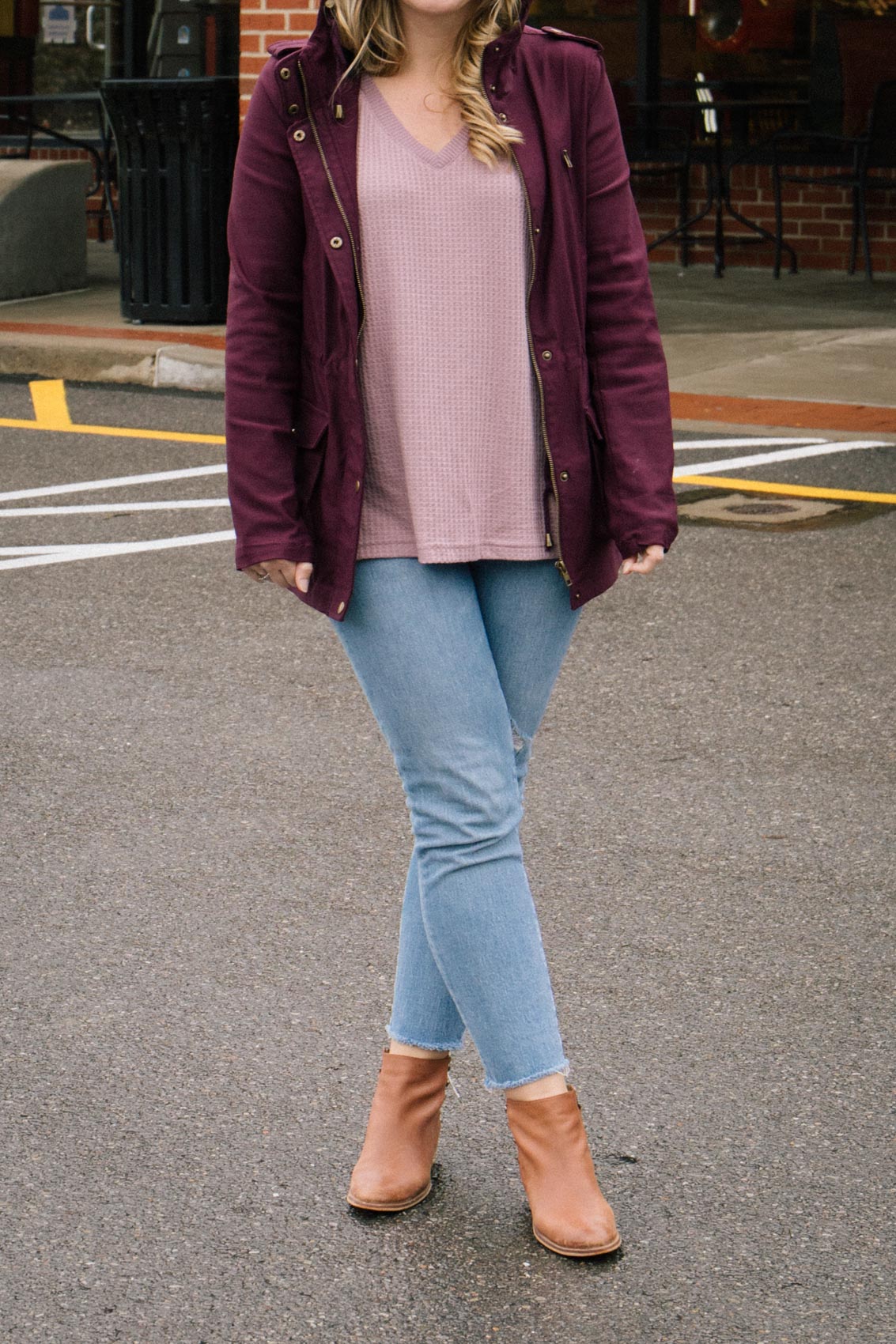 Casual cargo jacket outfit with cropped straight leg jeans and brown ankle booties