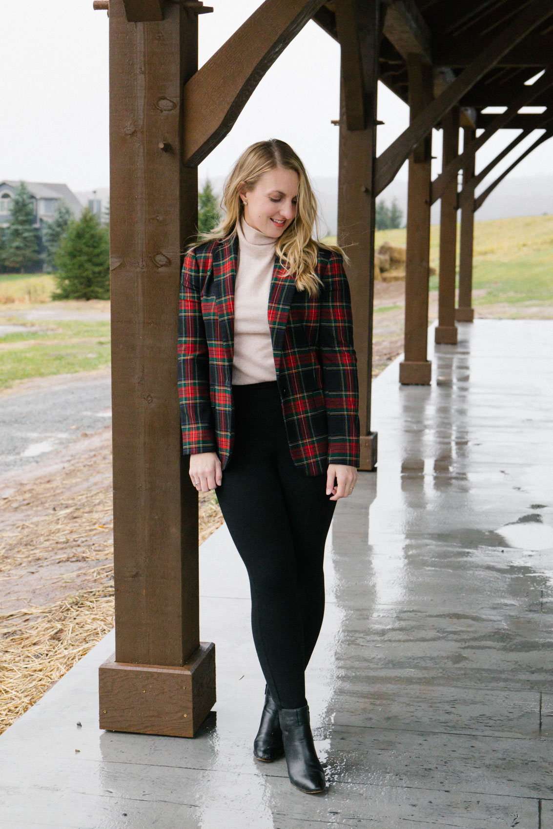 Classy casual outfit featuring a plaid blazer, Spanx black pants, and black ankle boots. 