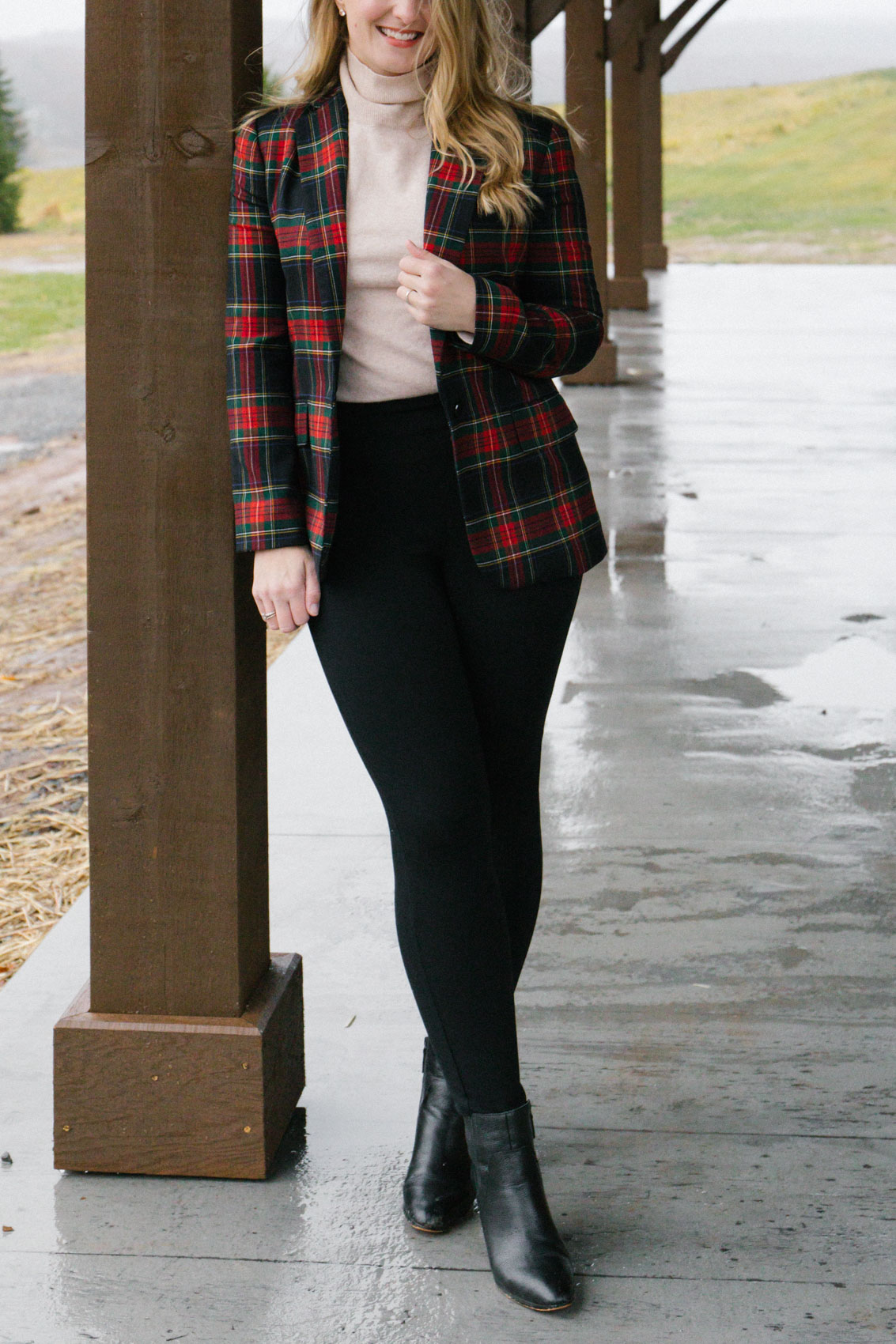 elegant winter outfit with Spanx black pants and a beige turtleneck sweater layered with a plaid blazer