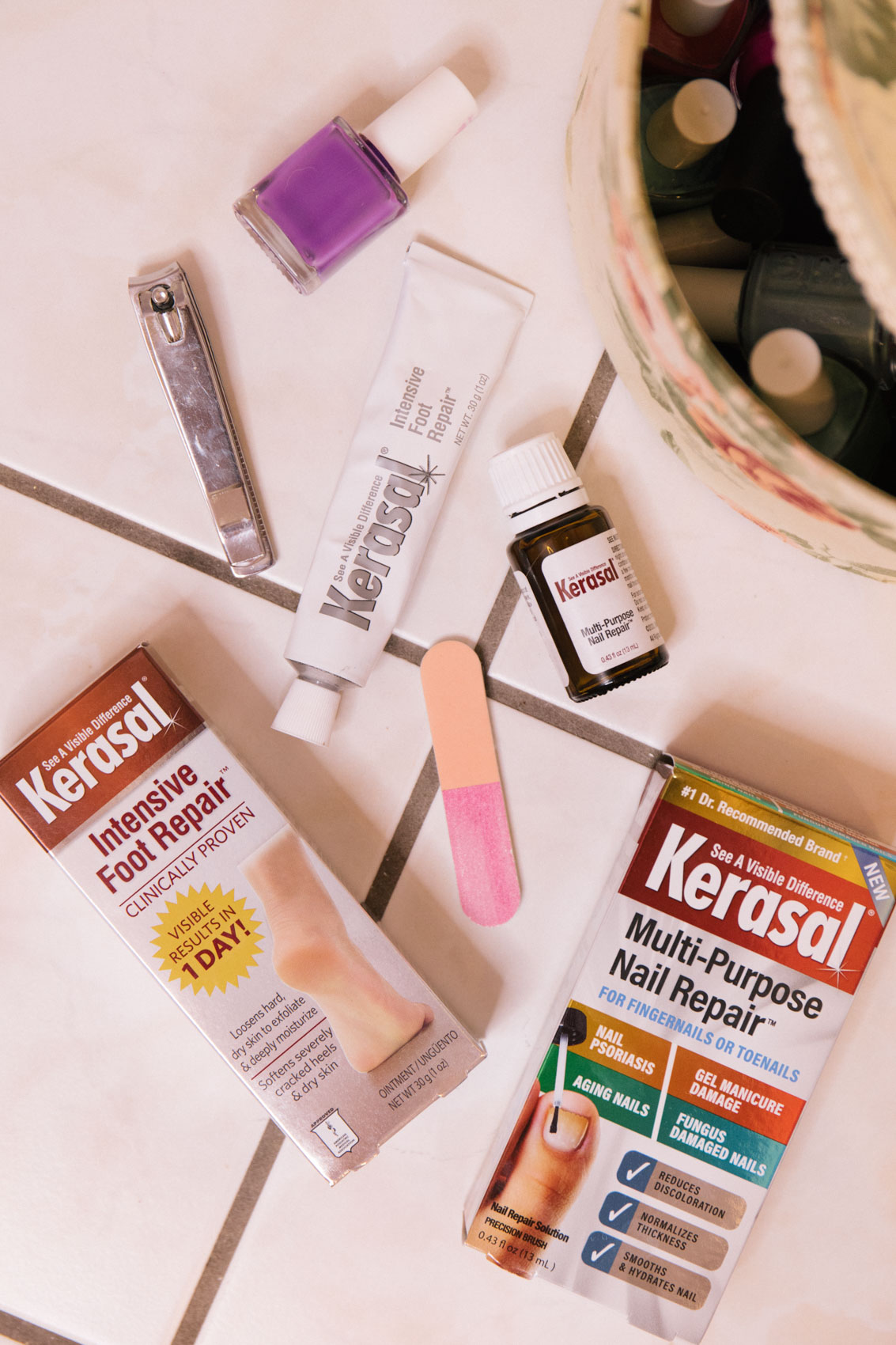 At home pedicure routine featuring Kerasal nail and foot care products. 