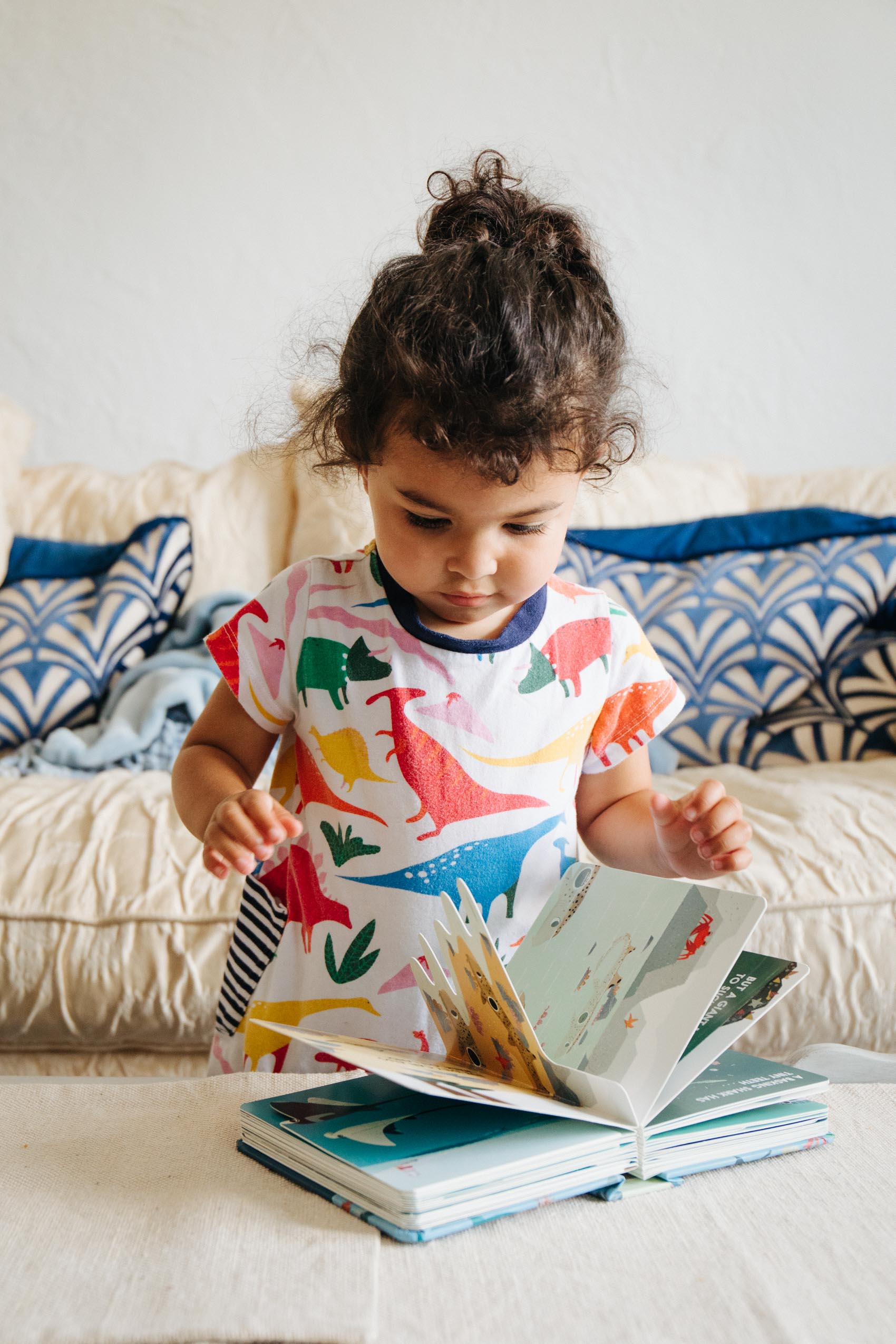 Toddler reading an one of the Abrams Block Books, Sharkblock