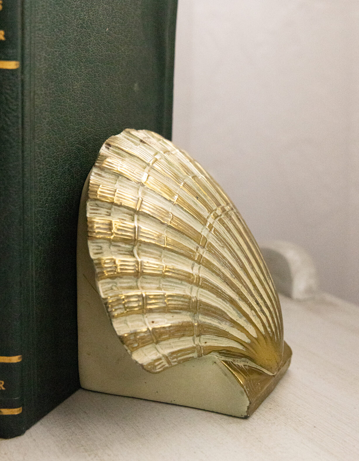 Vintage Brass Shell Bookends with Beige Details - Allyn Lewis