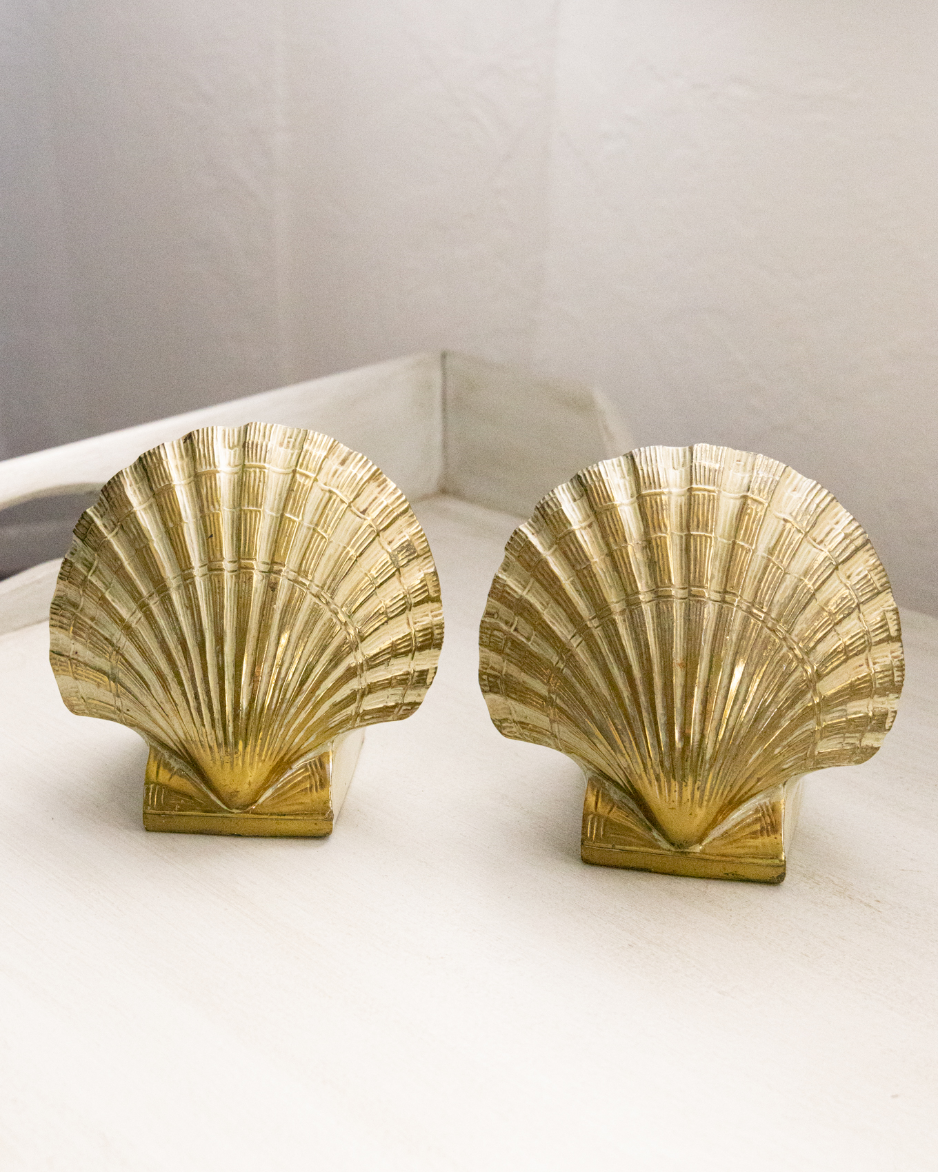Vintage Brass Shell Bookends with Beige Details